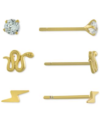 Giani Bernini - 3-Pc. Set Cubic Zirconia, Snake, & Lightening Bolt Stud Earrings in Gold-Plated Sterling Silver