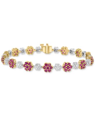 EFFY Collection - Ruby (4-1/8 ct. t.w.) & Diamond (1-1/10 ct. t.w.) Flower Link Bracelet in 14k Two-Tone Gold