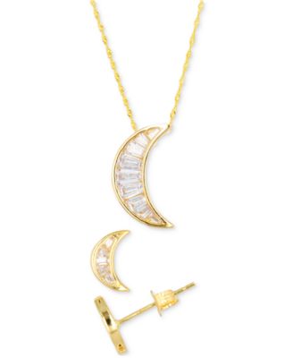 Macy's - 2-Pc. Set Cubic Zirconia Baguette Crescent Moon Pendant Necklace & Matching Stud Earrings in 14k Gold-Plated Sterling Silver