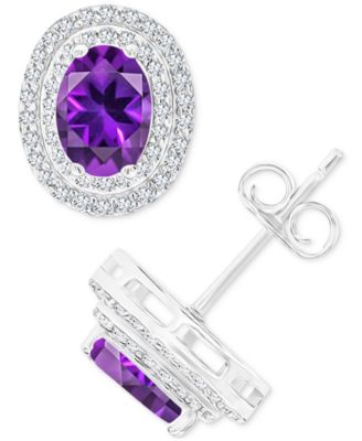 Macy's - Amethyst (1-3/8 ct. t.w.) & Lab Grown White Sapphire (1/2 ct. t.w.) Oval Halo Birthstone Stud Earrings in Sterlings Silver (Also in Additional Birthstones)