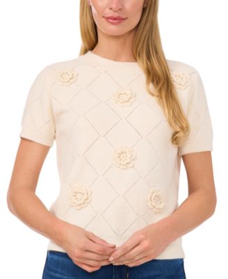 CeCe - Women's Pointelle 3D-Knit Short-Sleeve Sweater