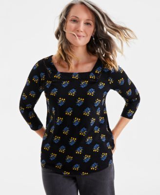 Style & Co - Women's Cotton Floral-Print Crocheted-Inset Top