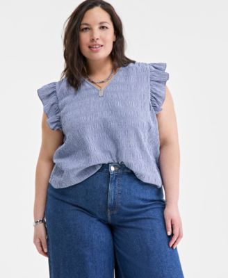 On 34th - Trendy Plus Size Micro-Gingham Seersucker Flutter-Sleeve Top