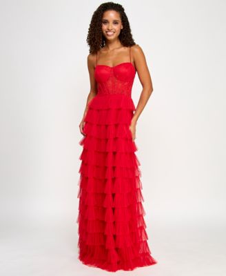 B Darlin - Juniors' Lace Ruffled Sweetheart Sleeveless Gown