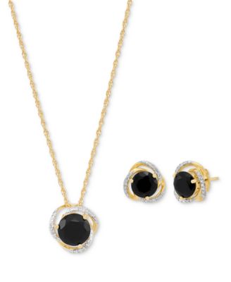 Macy's - Onyx (3-7/8 ct. t.w.) & Diamond (1/10 ct. t.w.) Stud Earrings & Pendant Necklace in 14k Gold Over Sterling Silver, 16" + 2" extender
