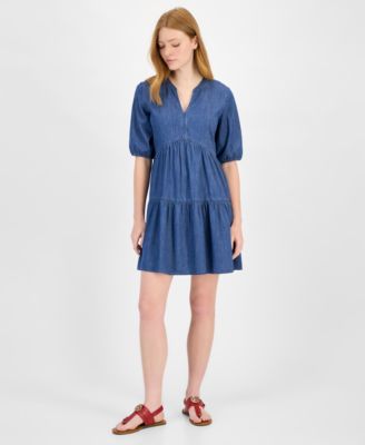 Tommy Hilfiger - Women's Chambray V-Neck Tiered Dress