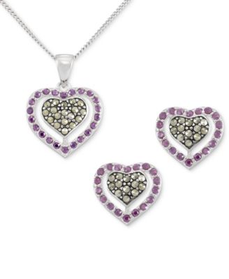 Macy's - 2-Pc. Set Amethyst (1-1/3 ct. t.w.) & Marcasite Pendant Necklace & Matching Stud Earrings in Sterling Silver