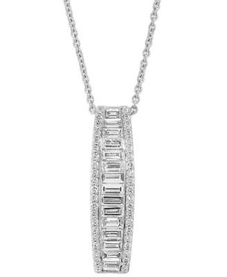 EFFY Collection - Lab Grown Diamond Round & Baguette Linear Drop Pendant Necklace (1-3/8 ct. t.w.) in 14k White Gold, 17" + 1" extender