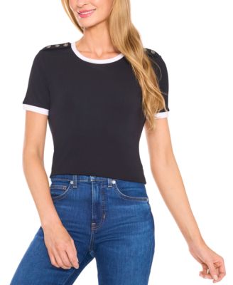 CeCe - Women's Button-Shoulder Contrast-Trim T-Shirt