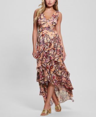 GUESS - Women's Ruffled High-Low Chiffon Maxi Dress