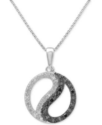 Macy's - Black Diamond (1/10 ct. t.w.) & White Diamond (1/10 ct. t.w.) Yin Yang 18" Pendant Necklace in Sterling Silver