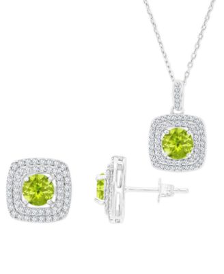 Macy's - 2-Pc. Set Peridot (3-1/4 ct. t.w.) & Lab-Grown White Sapphire (7/8 ct. t.w.) Square Halo Pendant Necklace & Matching Stud Earrings in Sterling Silver