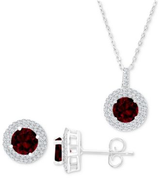 Macy's - 2-Pc. Set Garnet (3-7/8 ct. t.w.) & Lab-Grown White Sapphire (1 ct. t.w.) Halo Pendant Necklace & Matching Stud Earrings in Sterling Silver