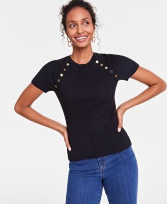 I.N.C. International Concepts - Women's Button-Trim Short-Sleeve Sweater, Created for Macy's