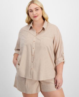 And Now This - Trendy Plus Size Striped Roll-Tab Shirt