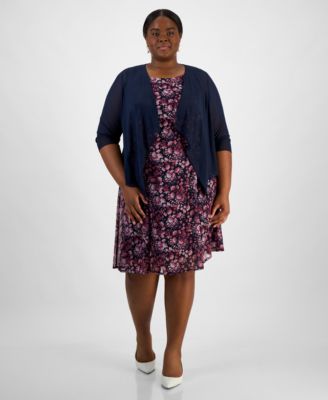 Connected - Plus Size Open-Font Jacket & Printed Dress
