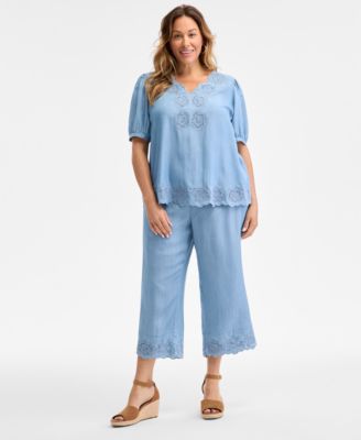 Style & Co - Plus Size Embroidered-Hem Chambray Pull-On Pants