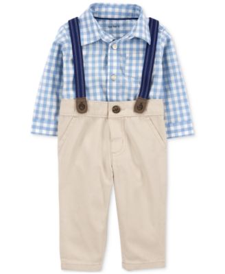 Carter's - Baby Boys 3-Pc. Cotton Gingham Bodysuit, Pants & Suspenders Set