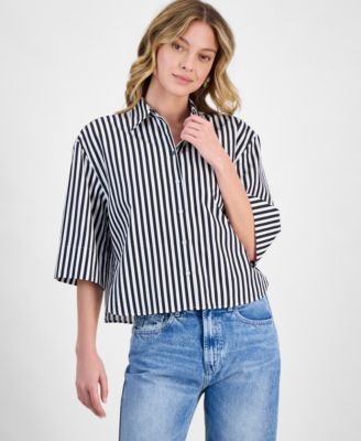 HUGO - Women's Striped Cotton Elbow-Sleeve Button-Front Shirt
