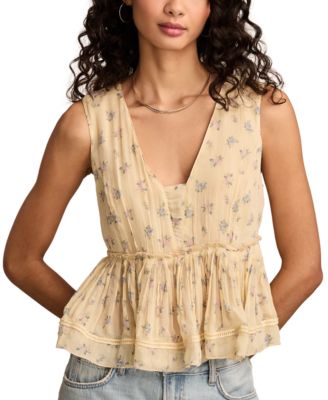 Lucky Brand - Women's Printed Ruched Ruffled V-Neck Top