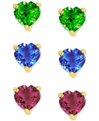 Victoria Townsend - 3-Pc. Set Green Quartz (3/4 ct. t.w.), Blue Spinel (1 ct. t.w.), and Lab Grown Ruby (1-1/5 ct. t.w.) Heart Stud Earrings in 14k Gold-Plated Sterling Silver