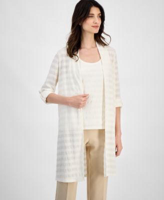 Anne Klein - Women's Textured-Knit Open-Knit Roll-Tab-Sleeve Cardigan