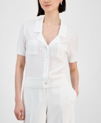Tahari ASL - Stripe-Textured Knit Button-Front Top