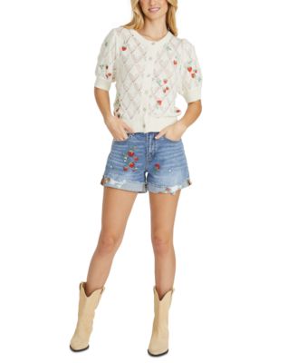 Driftwood - Women's Strawberry Embroidered Puff-Sleeve Cardigan