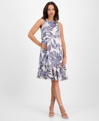 Robbie Bee - Petite Printed Ruffle-Trim Sleeveless Shift Dress