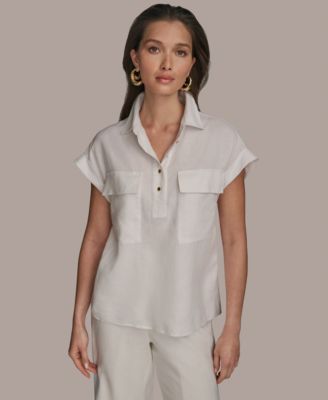 Donna Karan New York - Women's Short Sleeve Linen-Blend Collared Shirt
