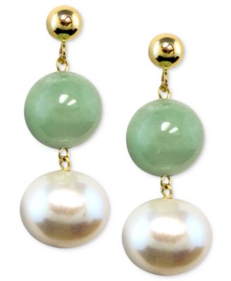 Macy's - Cultured Freshwater Pearl and Dyed Jade Drop Earrings Set in 14k Gold