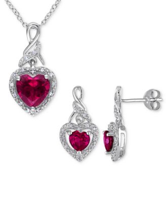 Macy's - 2-Pc.Set Lab-Grown Ruby (4 ct. t.w.) & Diamond (1/4 ct. t.w.) Heart Halo Pendant Necklace and Matching Drop Earrings in Sterling Silver
