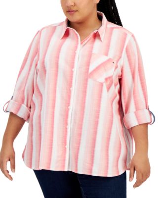 Tommy Hilfiger - Plus Size Cotton Button-Front Roll-Tab Shirt