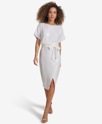 kensie - Women's Sequined Mesh Dolman-Sleeve Belted Dress