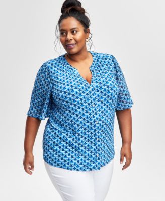 JM Collection - Plus Size Split-Neck Flutter-Sleeve Blouse