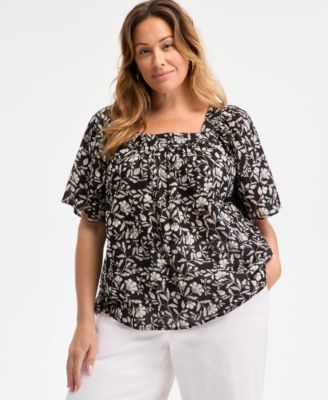 Style & Co - Plus Size Printed Flutter-Sleeve Square-Neck Top