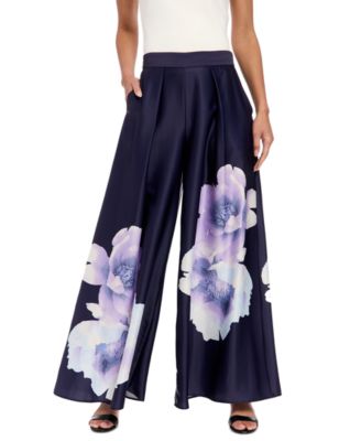 Muse - Women's Floral Satin Pleated Wide-Leg Pants