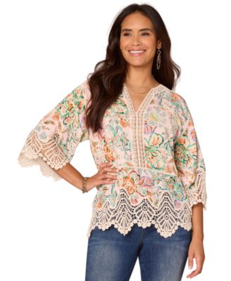 Democracy - Petite Floral-Print Scalloped-Hem Crochet Top