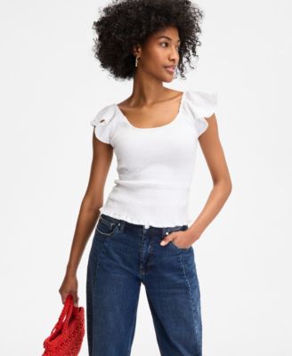 On 34th - Women's Cotton Gauze Smocked Flutter-Sleeve Top