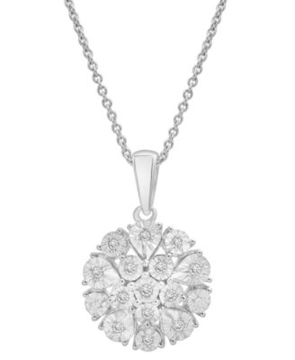 Macy's - Diamond Flower Burst Cluster 18" Pendant Necklace (1/10 ct. t.w.) in Sterling Silver