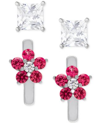 Victoria Townsend - 2-Pc. Set Lab Grown Ruby (1/10 ct. t.w.) & Lab Grown White Sapphire (5/8 ct. t.w.) Square Stud & Flower Hoop Earrings in Sterling Silver