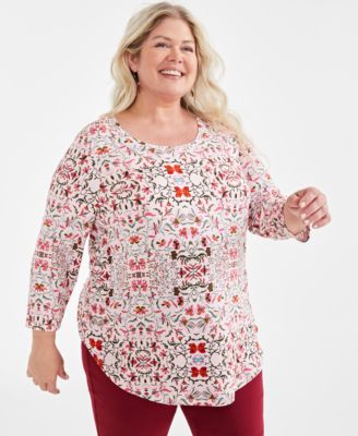 JM Collection - Plus Size Printed Scoop-Neck Top, Created for Macy's