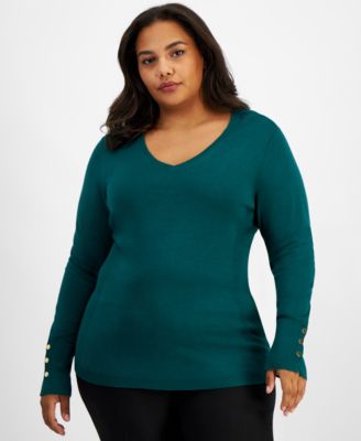 JM Collection - Plus Size Buttoned-Cuff Ribbed-Side Sweater