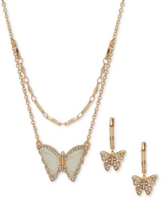 Anne Klein - Gold-Tone Pave & Stone Layered Pendant Necklace & Drop Earrings Set