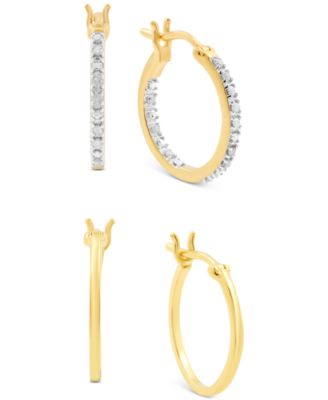 Macy's - 2-Pc. Set Diamond In & Out and Polished Small Hoop Earrings (1/6 ct. t.w.) in 14k Gold-Plated Sterling Silver