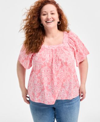 Style & Co - Plus Size Printed Flutter-Sleeve Square-Neck Top