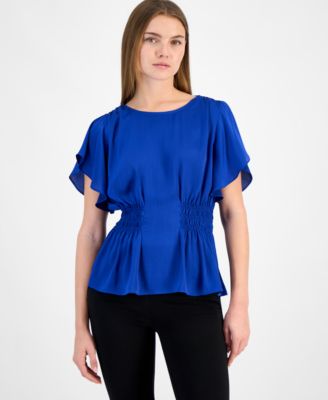 Anne Klein - Women's Smocked-Waist Flutter-Sleeve Top