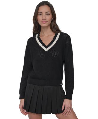 DKNY - Women's Open-Knit Mesh Striped V-Neck Sweater