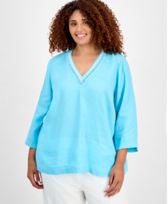 Charter Club - Plus Size Linen Bead-Embellished 3/4-Sleeve Top