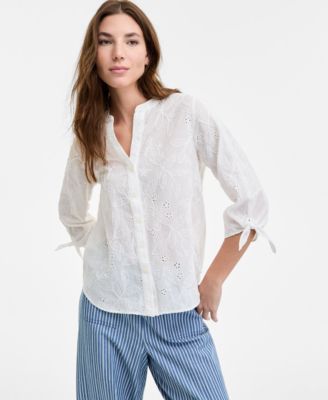 Jones New York - Women's Y-Neck Button-Front Embroidered Cotton Top